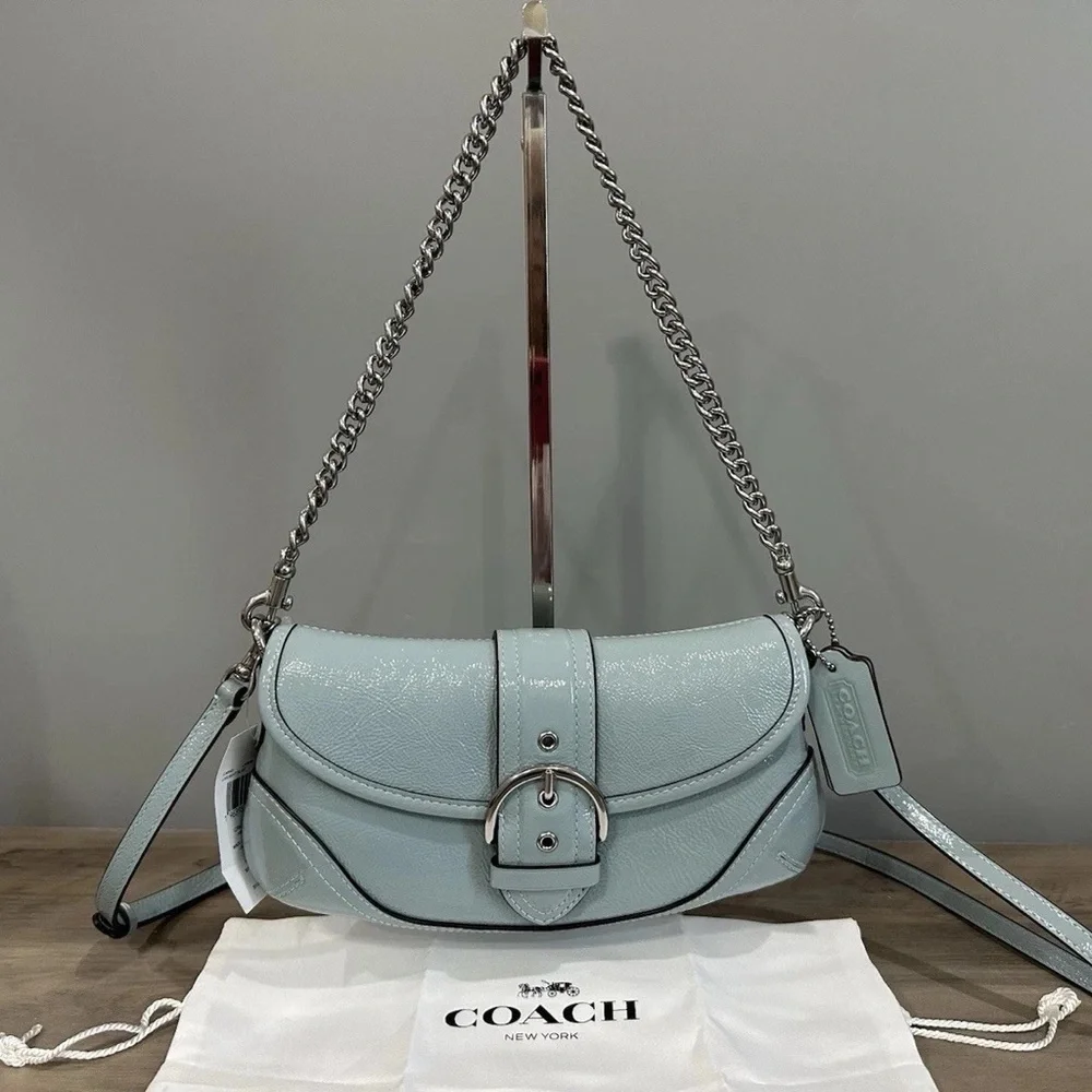 COACH CAN43 Soho Bag 25 Shoulder/Crossbody Crinkle Patent Leather Light Blue - Picture 2 of 14